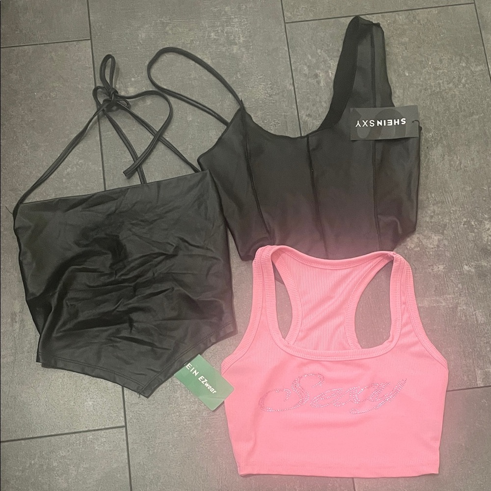 SHEIN Black Halter and Pink Tank Top Set